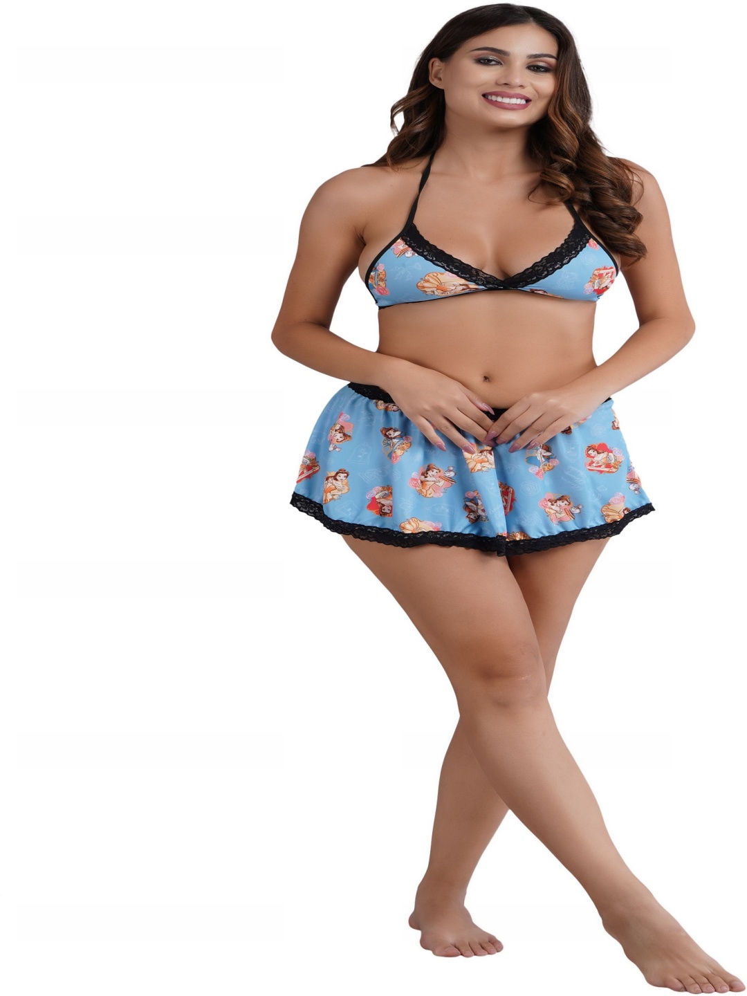 

SSoShHub Satin Halter Neck Printed Baby Doll, Blue
