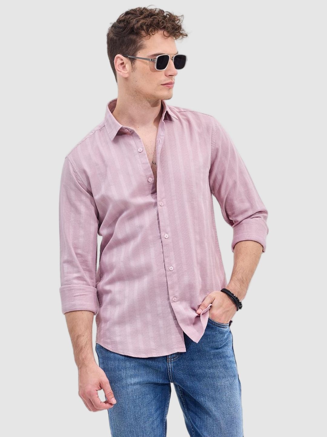 

Snitch Men Smart Fit Spread Collar Vertical Striped Cotton Casual Shirt, Pink