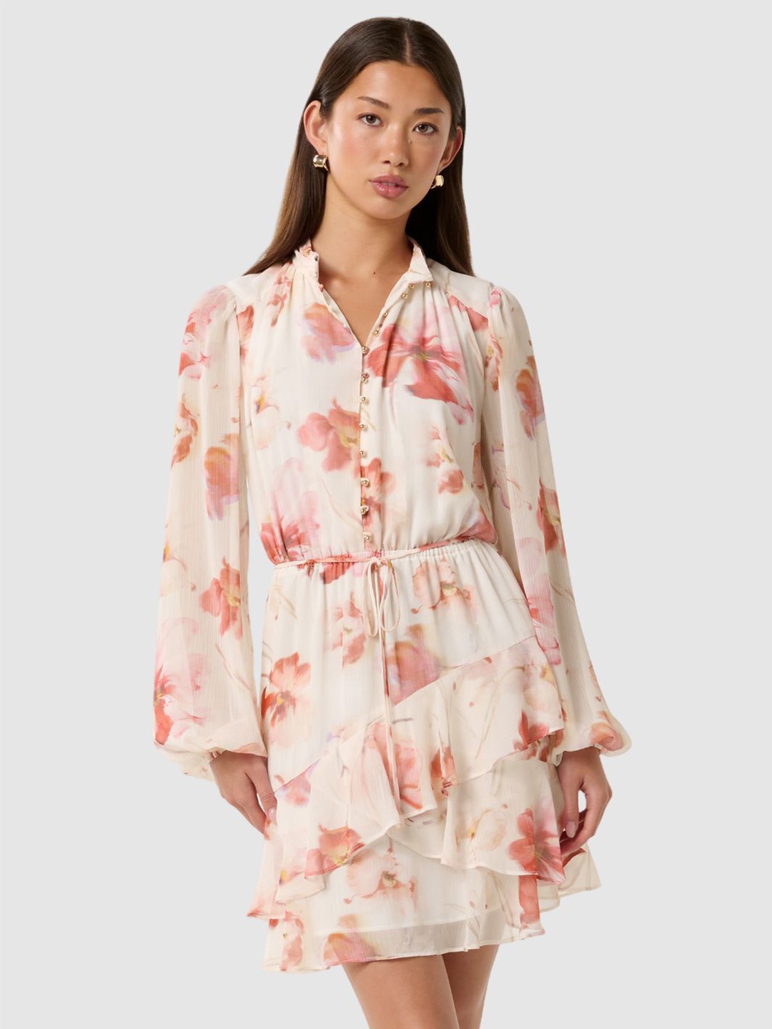 

Forever New Women Floral Printed Puff Sleeves Fit & Flare Dress, Beige