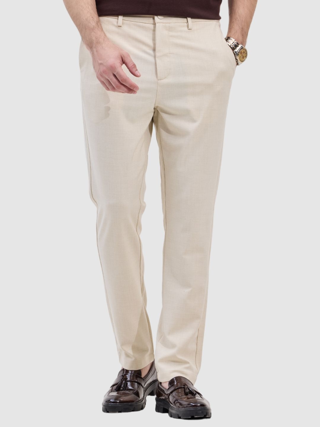 

Snitch Men Self-Design Slim Fit Trousers, Cream