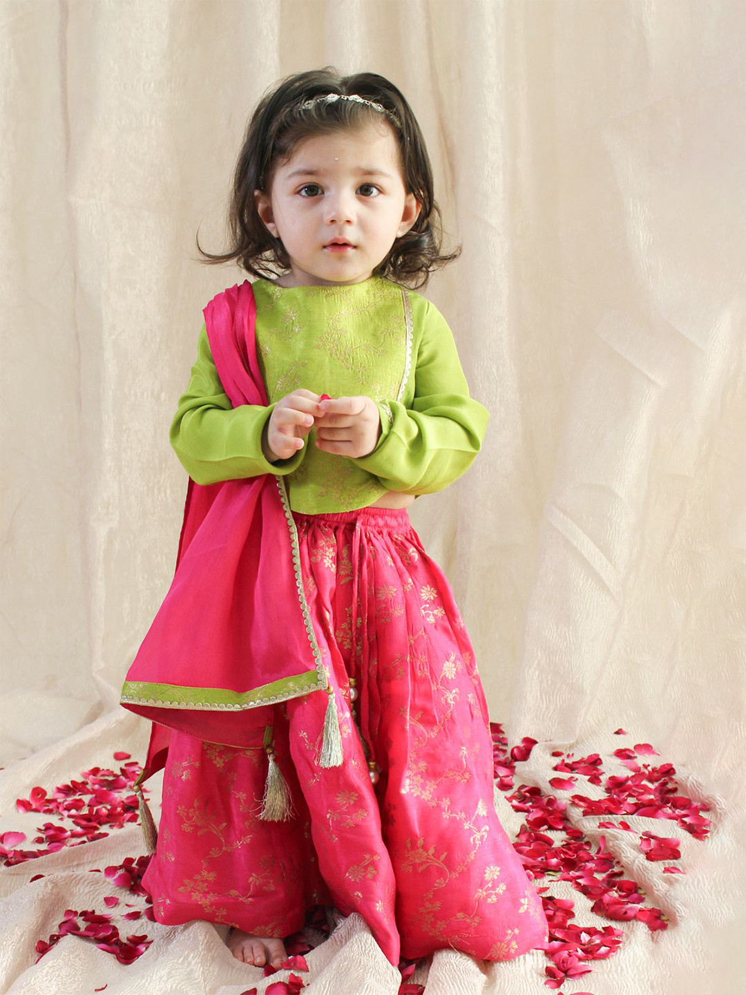 

Tiber Taber Blossom Glow Girls Woven Design Ready to Wear Lehenga & Blouse With Dupatta, Green