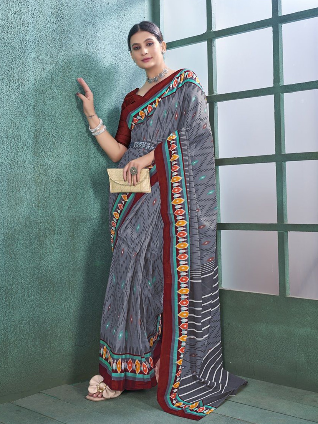 

HERE&NOW Pure Cotton Printed Ikat Saree, Grey