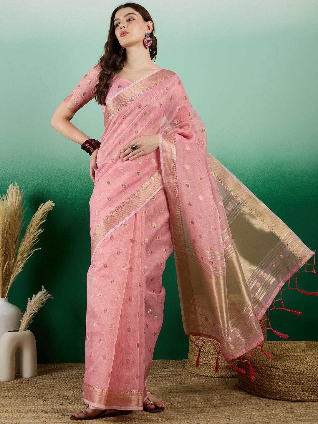 

KIMISHA Woven Design Zari Organza Banarasi Saree, Pink