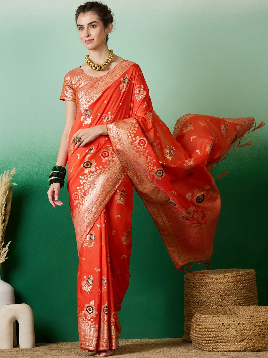 

KALINI Floral Woven Design Zari Banarasi Saree, Orange