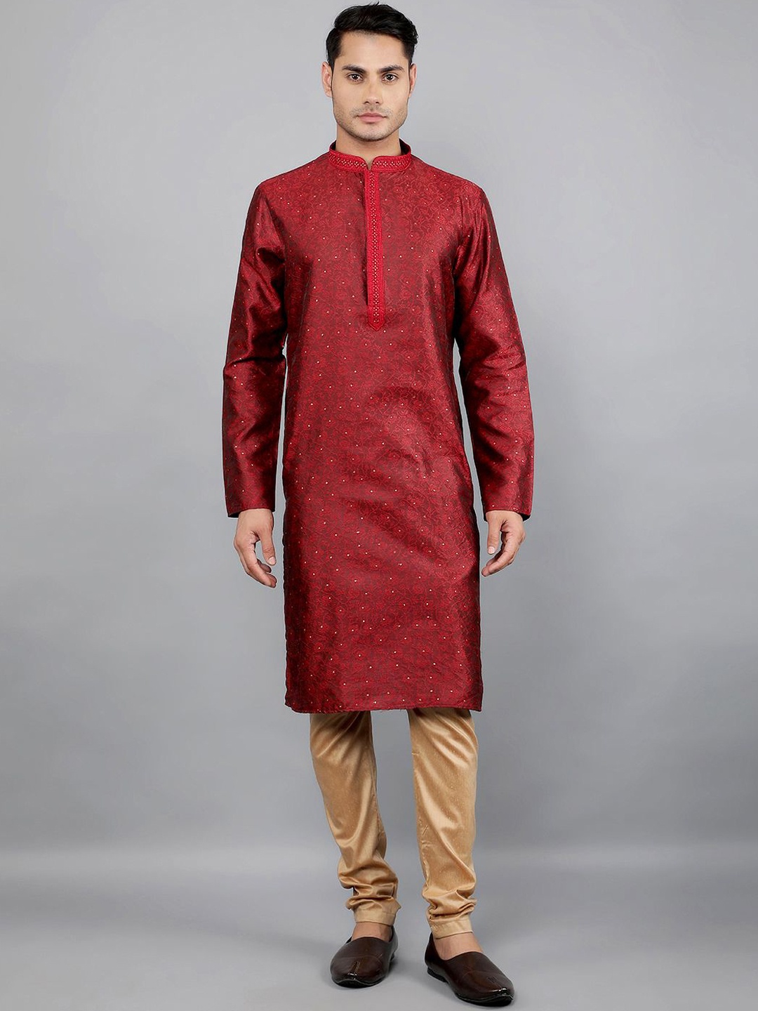 

Manish Creations Floral Woven Design Mandarin Collar Jacquard Straight Kurta With Churidar, Maroon