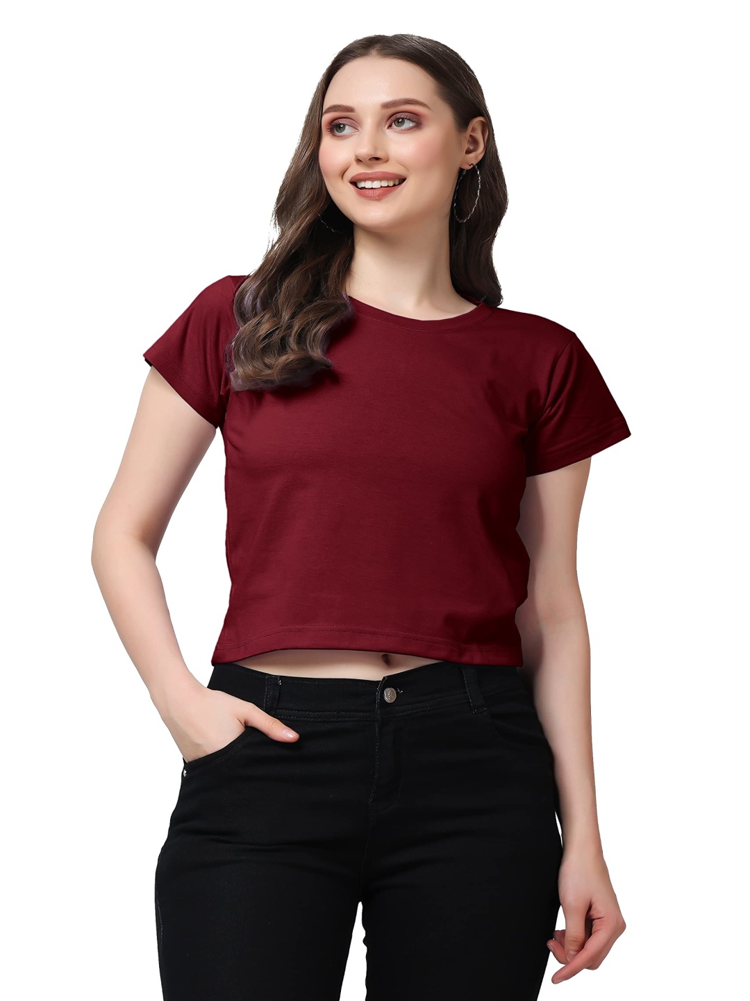 

NOTWILD Women Solid Round Neck Cotton Boxy T-shirt, Maroon