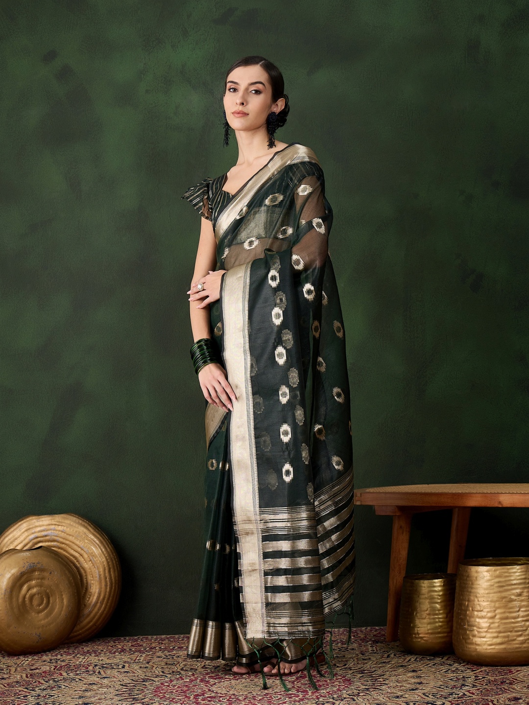 

KALINI Woven Design Zari Organza Kanjeevaram Saree, Green