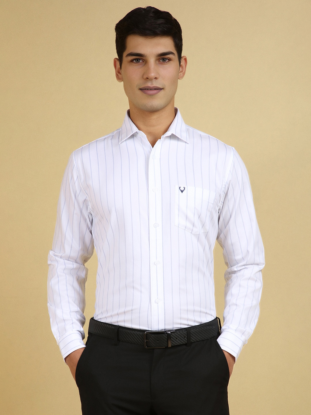 

Allen Solly Men Slim Fit Spread Collar Vertical Striped Cotton Formal Shirt, White