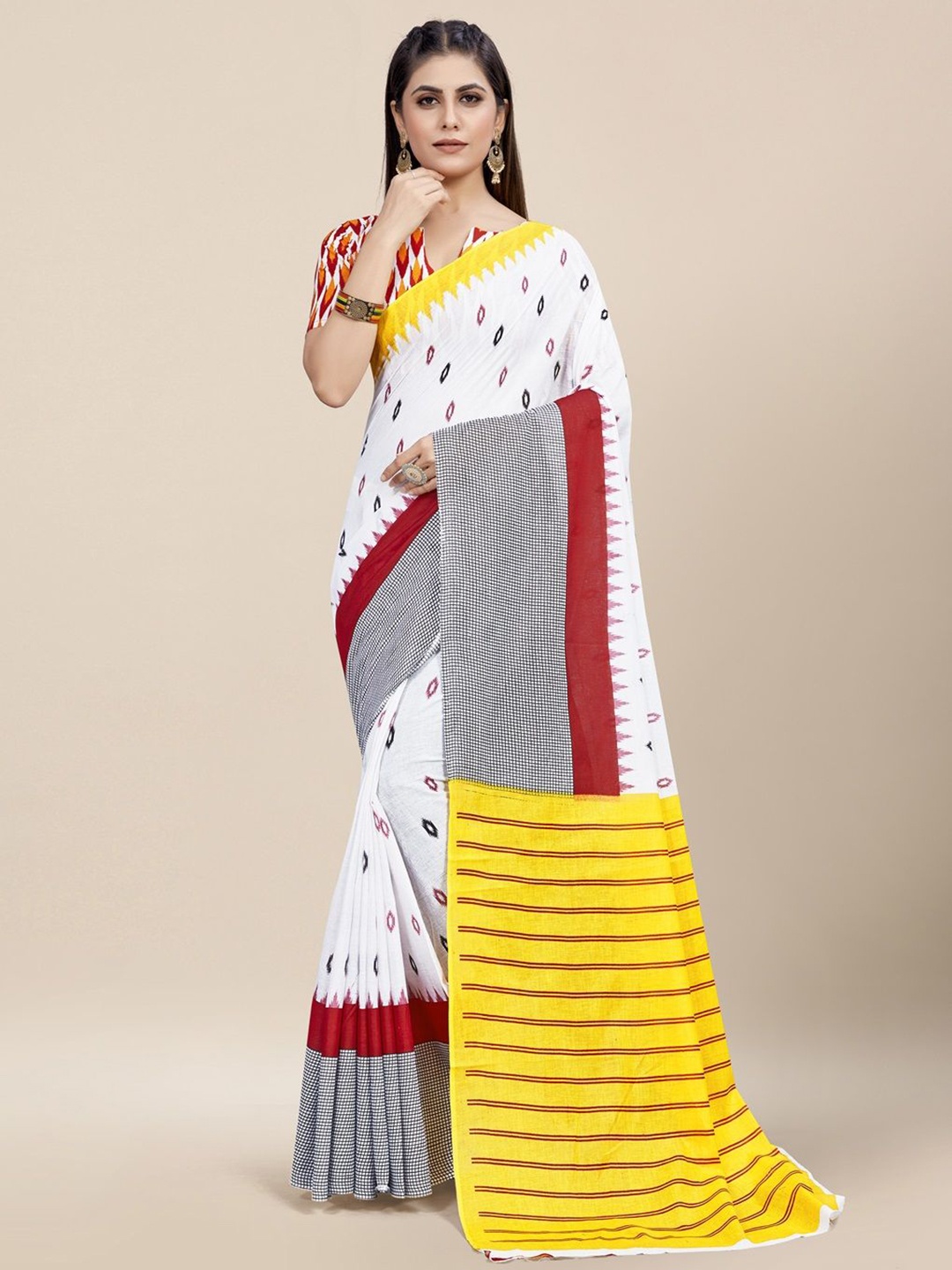 

HERE&NOW Pure Cotton Ikat Saree, White