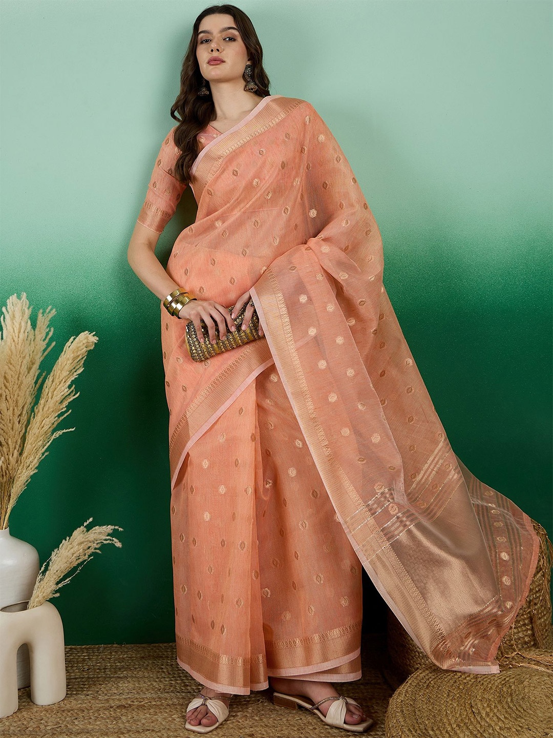 

KIMISHA Woven Design Zari Organza Banarasi Saree, Orange
