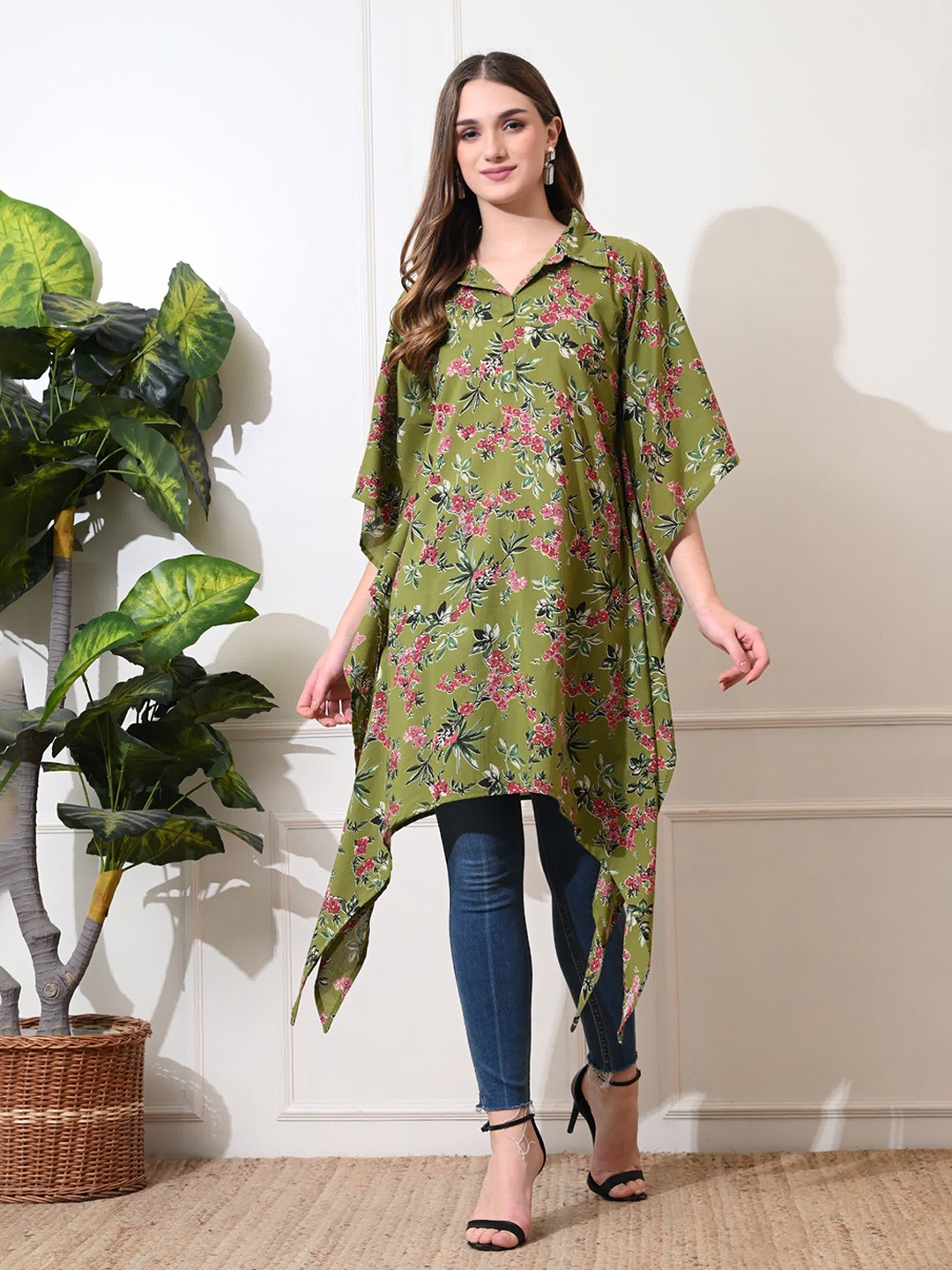 

DECKEDUP Shirt Collar Printed Cotton Kaftan Tunic, Green