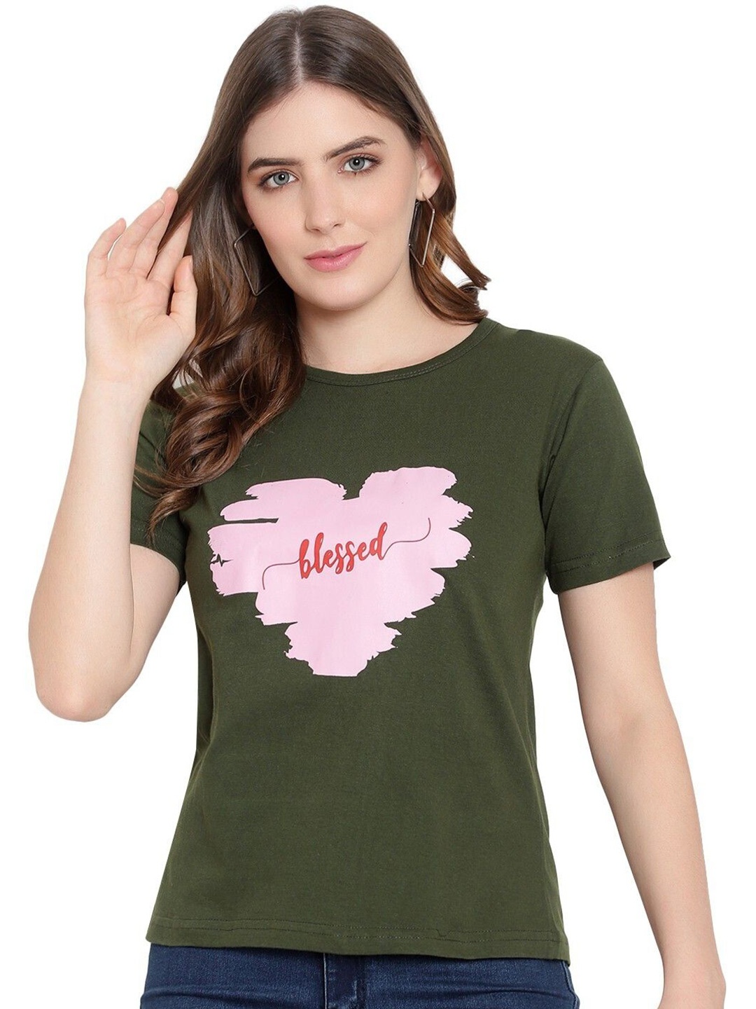 

DEEPMAYRA COLLECTION Women Typography Printed Cotton Tshirts, Olive