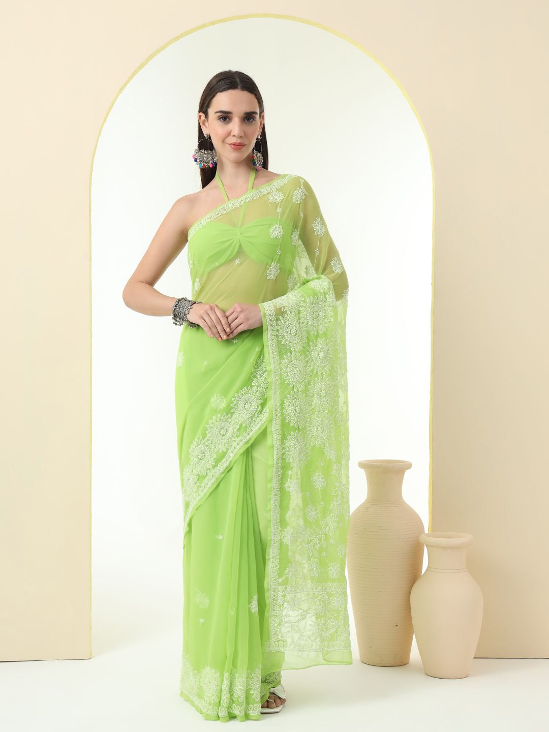 

Z HOME Floral Chikankari Pure Chiffon Saree, Green