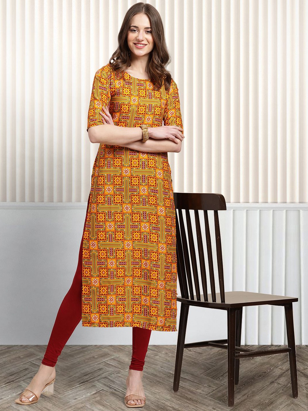 

Moda Rapido Ethnic Motifs Printed Round Neck Straight Kurta, Mustard