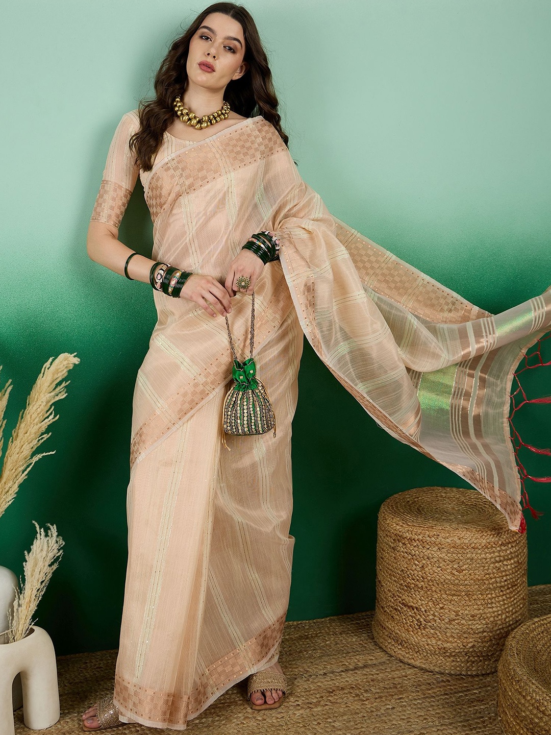 

KALINI Striped Sequinned Organza Kanjeevaram Saree, Beige