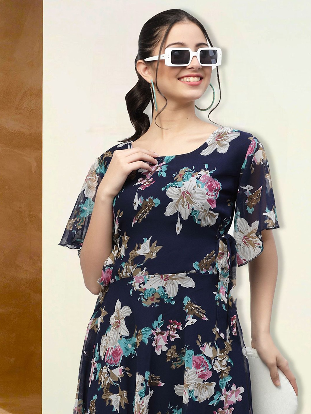 

BAESD Floral Printed Cotton Fit & Flare Dress, Navy blue