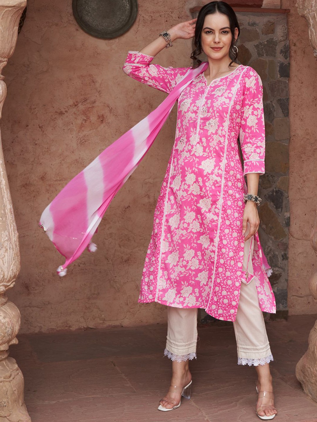 

Sangria Pink Floral Printed Notch-Neck Pure Cotton Straight Kurta With Trousers & Dupatta