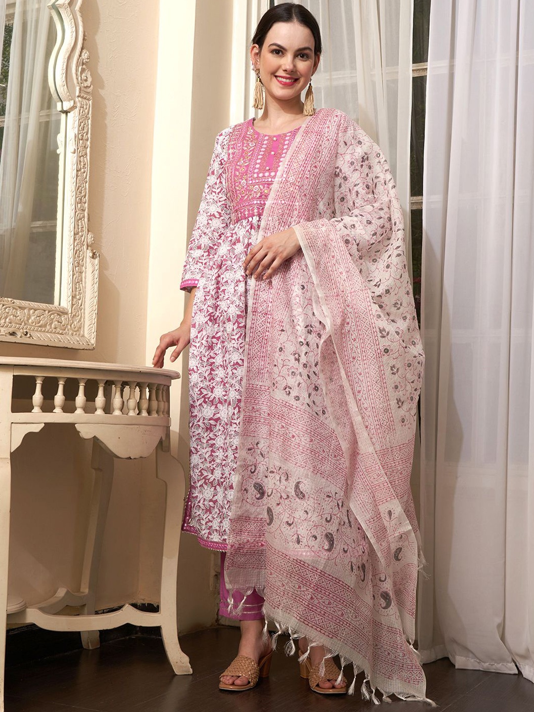 

Sangria Mauve Floral Printed Mirror Work Pure Cotton Kurta With Trouser And Dupatta