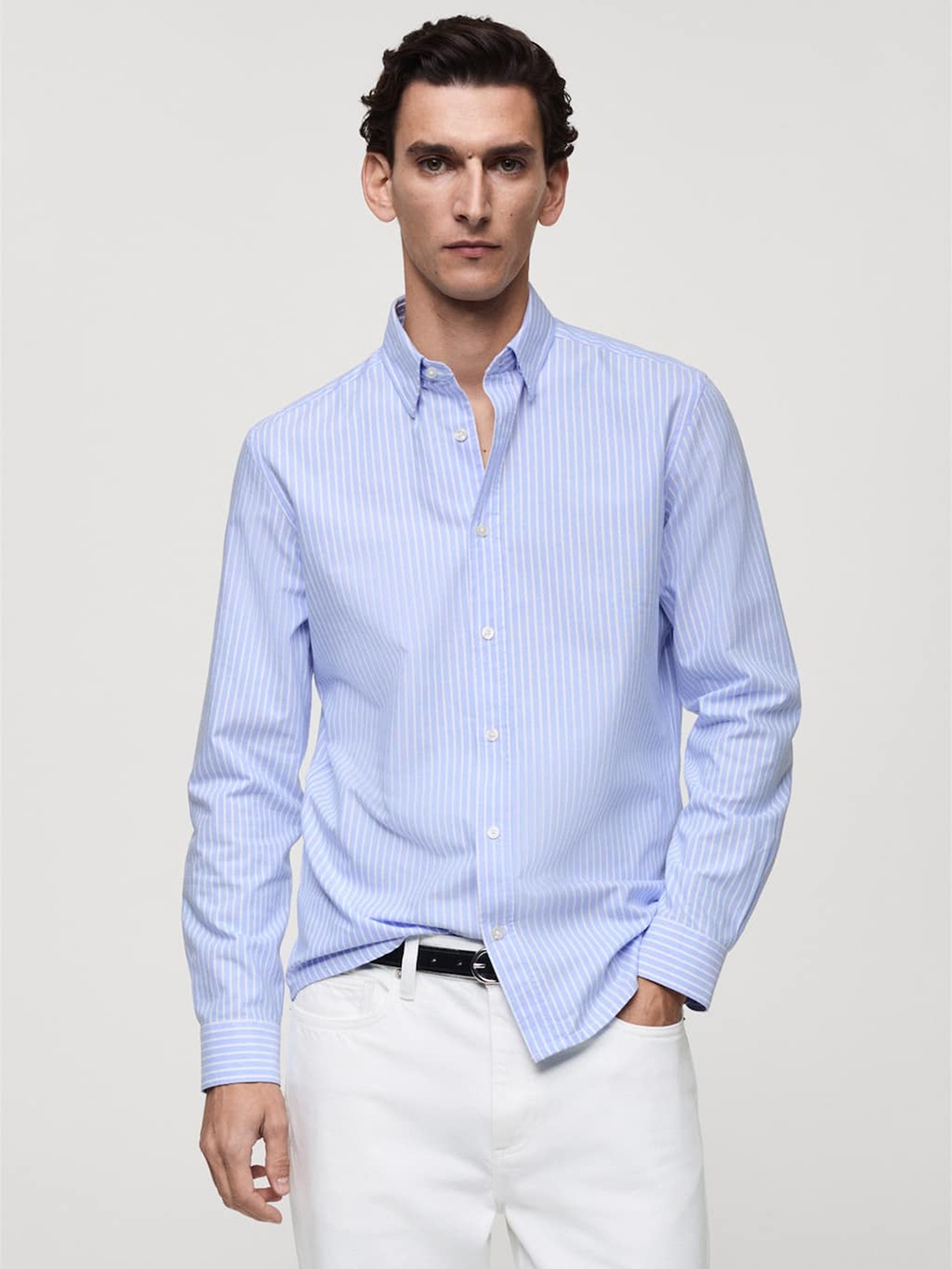 

MANGO MAN Cotton Opaque Striped Casual Shirt, Blue