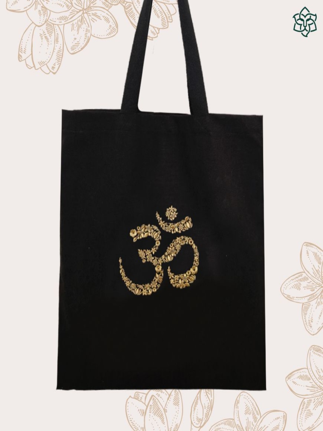 

MAATIR DESIGNS Unisex Floral Om Embroidered Shopper Cotton Canvas Tote Bag, Black