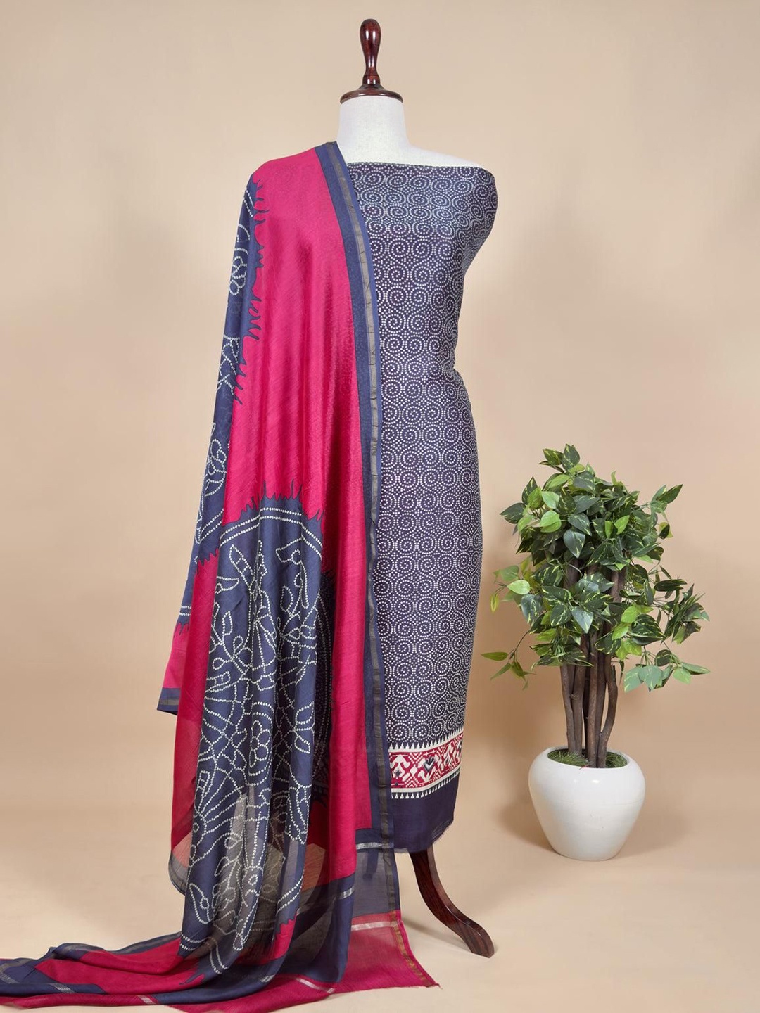 

Kalasheel Bandhani Printed Pure Silk Unstitched Dress Material, Blue