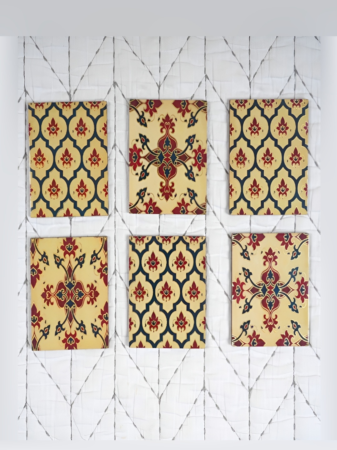 

homewards Yellow & Red 6 Pieces Wooded Square Ethnic Motifs Printed Coasters