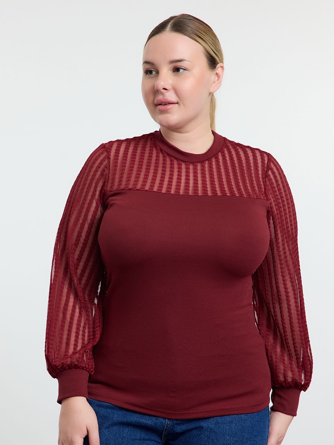 

Trendyol Women Plus Size Cuffed Sleeves Top, Maroon