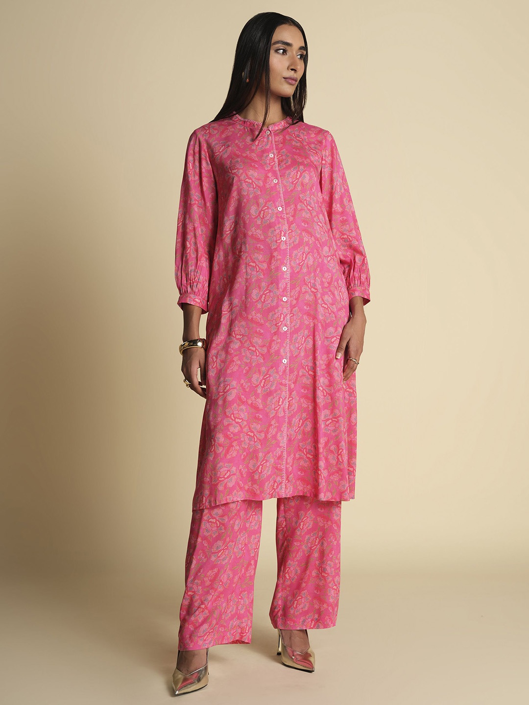 

Global Desi Floral Printed Mandarin Collar Regular A-Line Kurta With Palazzo, Pink