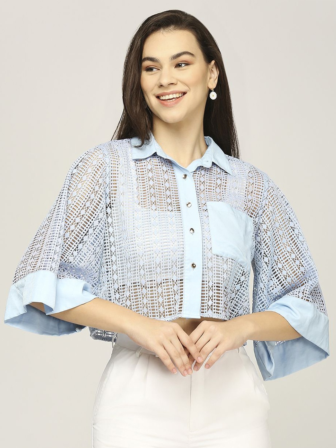 

Iti Women Flared Sleeve Lace Shirt Style Top, Blue