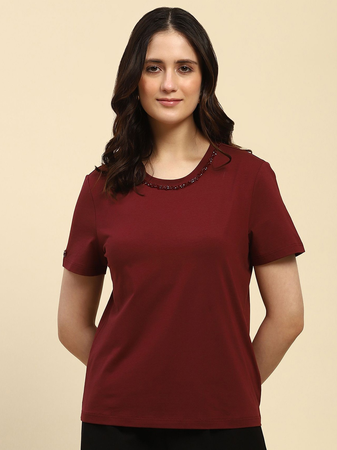 

Global Republic Women Embroidered Cotton Top, Maroon
