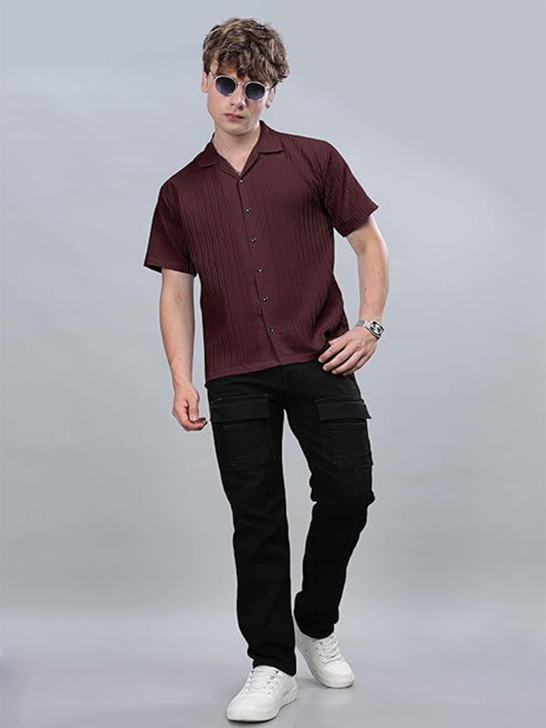

SWADESI STUFF Men Comfort Fit Cuban Collar Textured Casual Shirt, Maroon