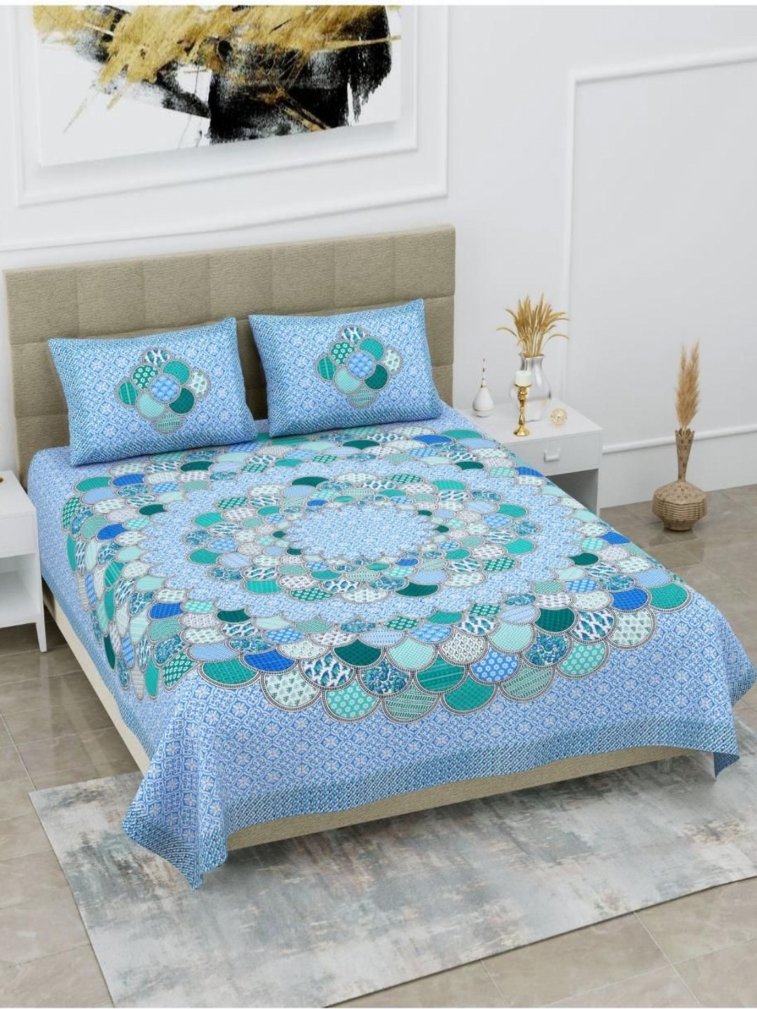 

Aura Blue & Green Ethnic Motifs 144 TC Queen Bedsheet with 2 Pillow Covers