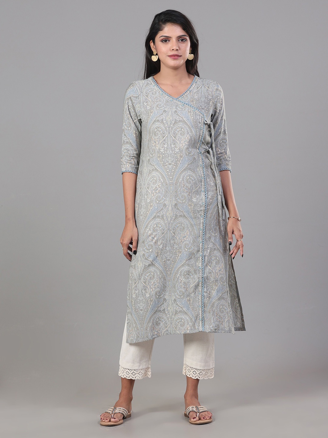

Vismay Ethnic Motifs Printed V-Neck Angrakha Mirror Work Chanderi Cotton Straight Kurta, Grey