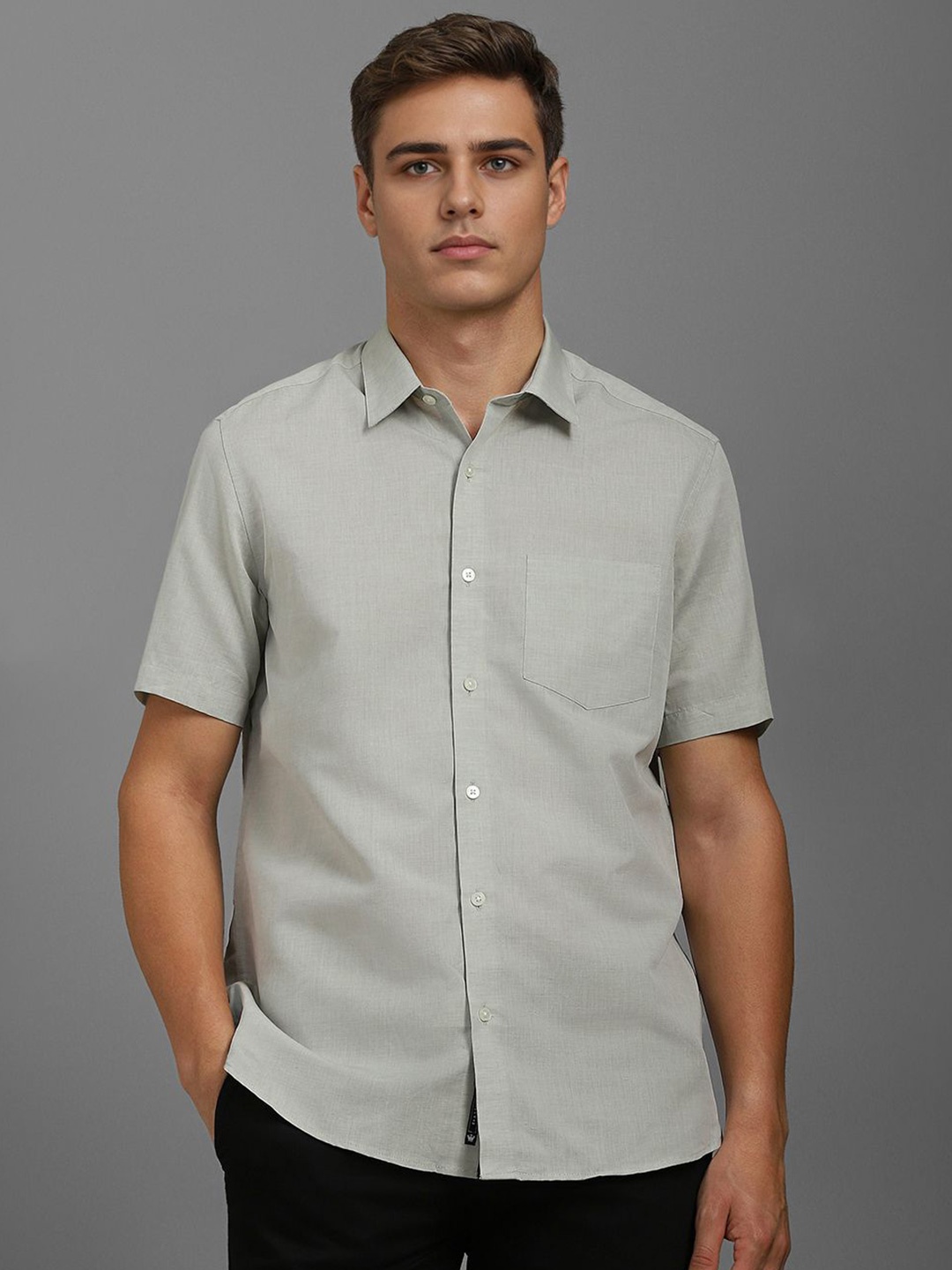 

Louis Philippe Men Classic Fit Spread Collar Solid Cotton Linen Casual Shirt, Grey