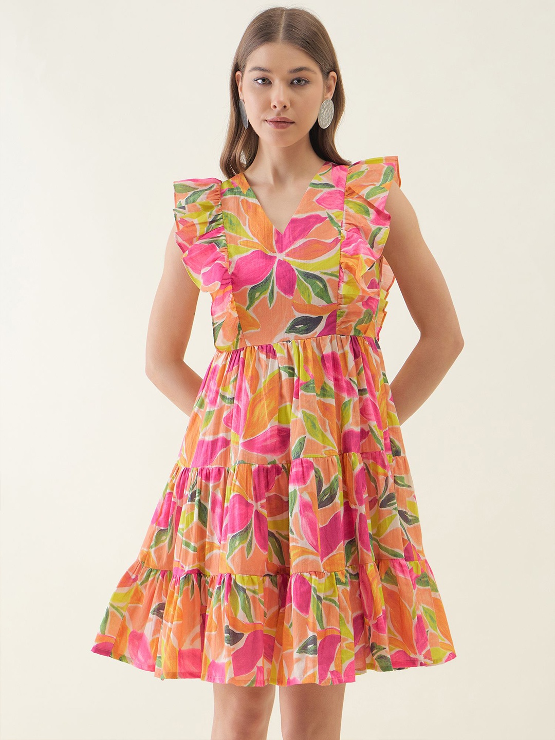 

OCTICS Floral Printed Cotton Fit & Flare Mini Dress, Orange