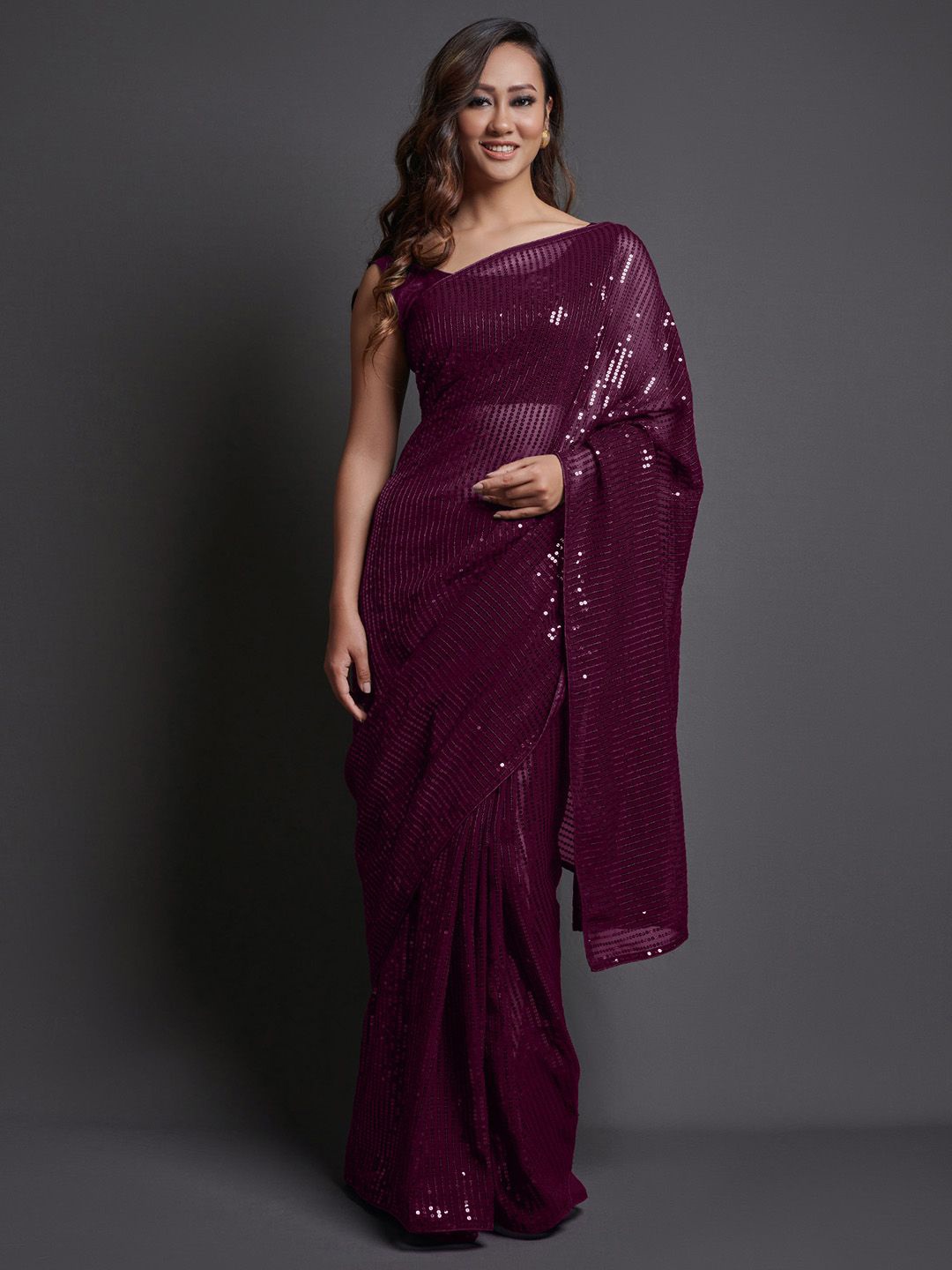 

Sangria Georgette Embellished Party Wear Saree with Matching Blouse, Burgundy