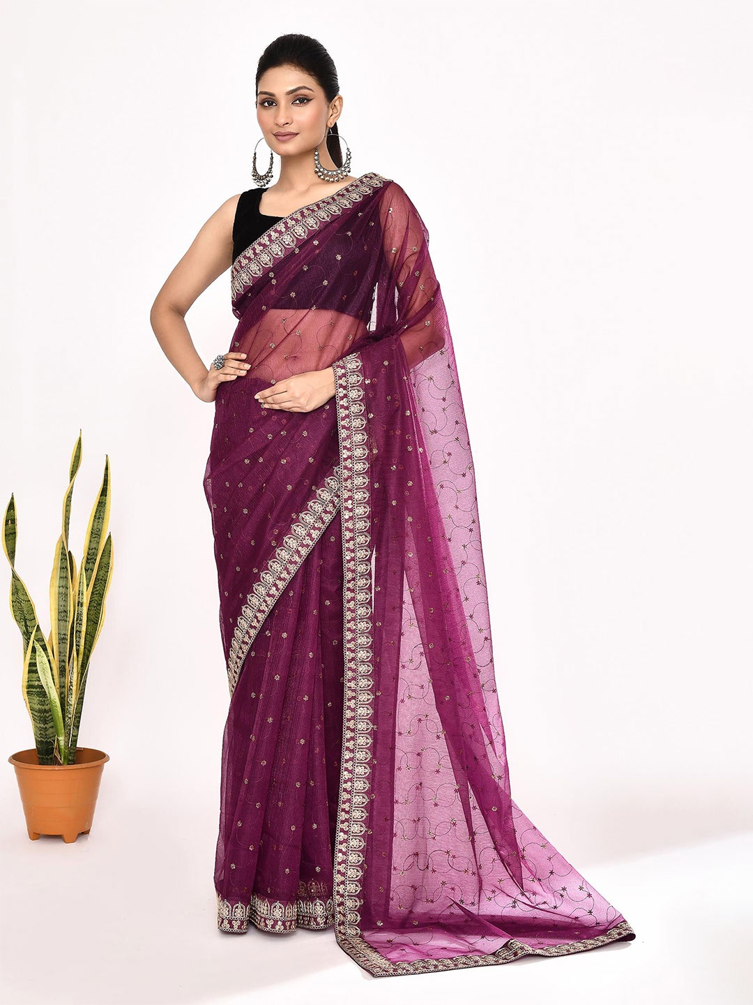 

Manu Designer Floral Embroidered Organza Saree, Purple