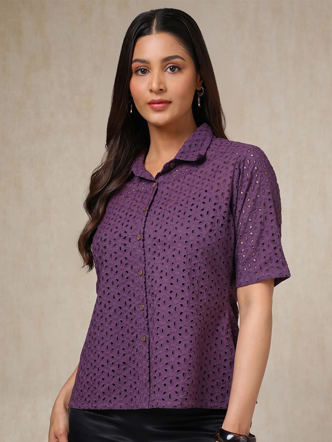 

Soch Schiffli Embroidered Short Sleeves Casual Shirt, Purple