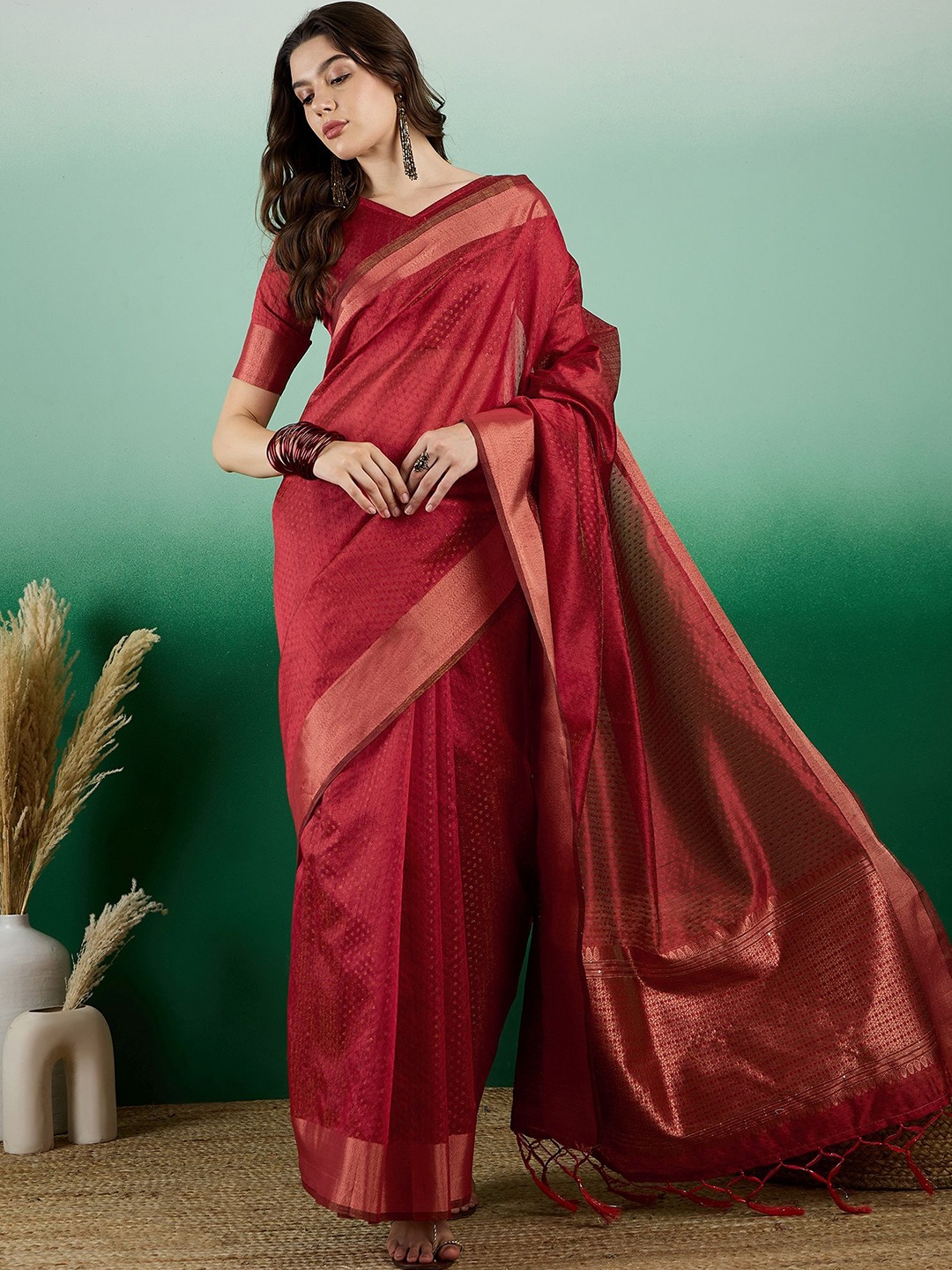 

KALINI Woven Design Zari Organza Kanjeevaram Saree, Red