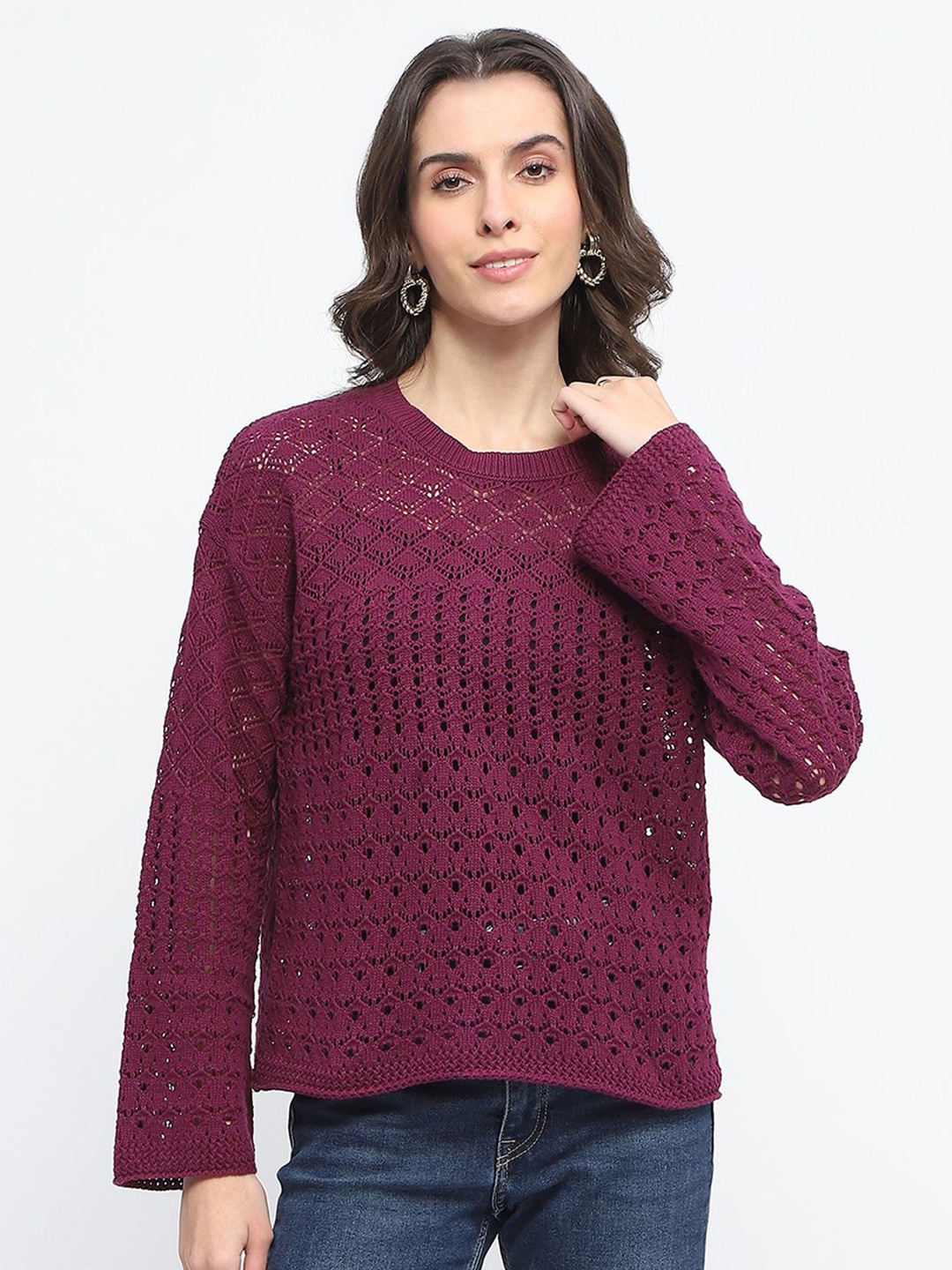 

Madame Women Open Knit Pullover Sweater, Purple