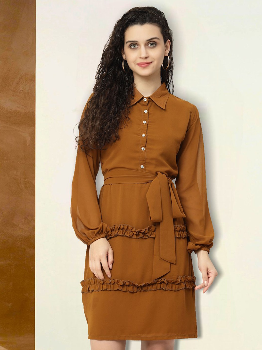 

BAESD Women Georgette Bishop Sleeves Shirt Dress, Brown