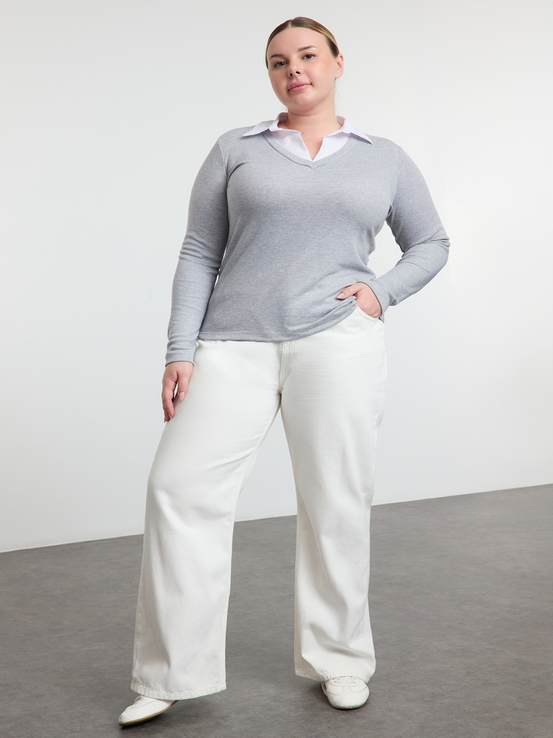 

Trendyol Plus Size Shirt Collar Cotton Top, Grey