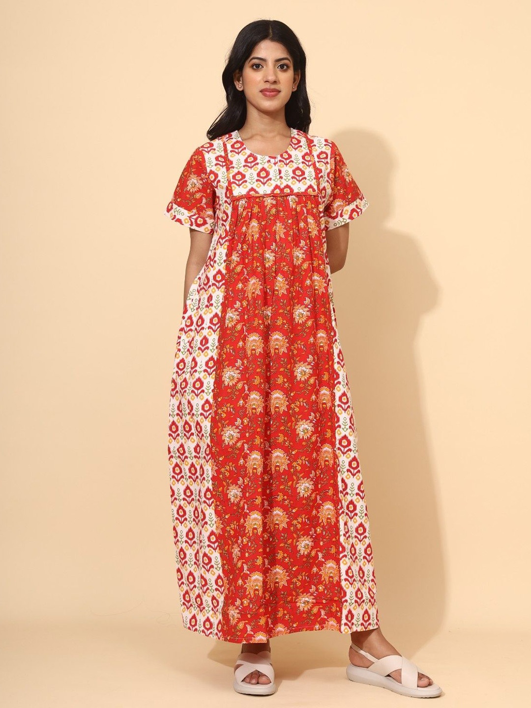 

YELLOW BLOOM Pure Cotton Printed Maxi Nightdress, Red