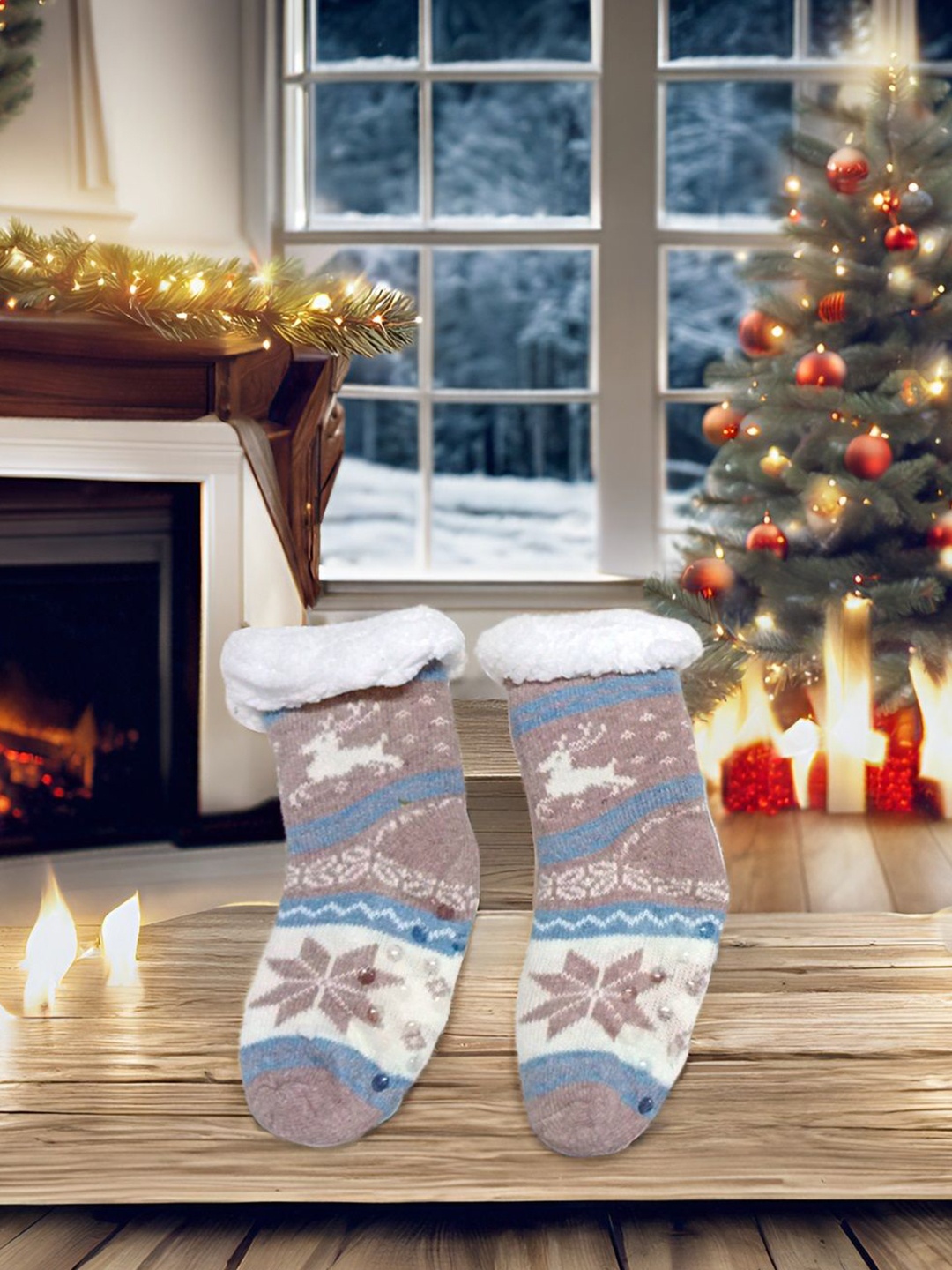 

Butterthief Kids Patterned Calf Length Sherpa Socks, Grey
