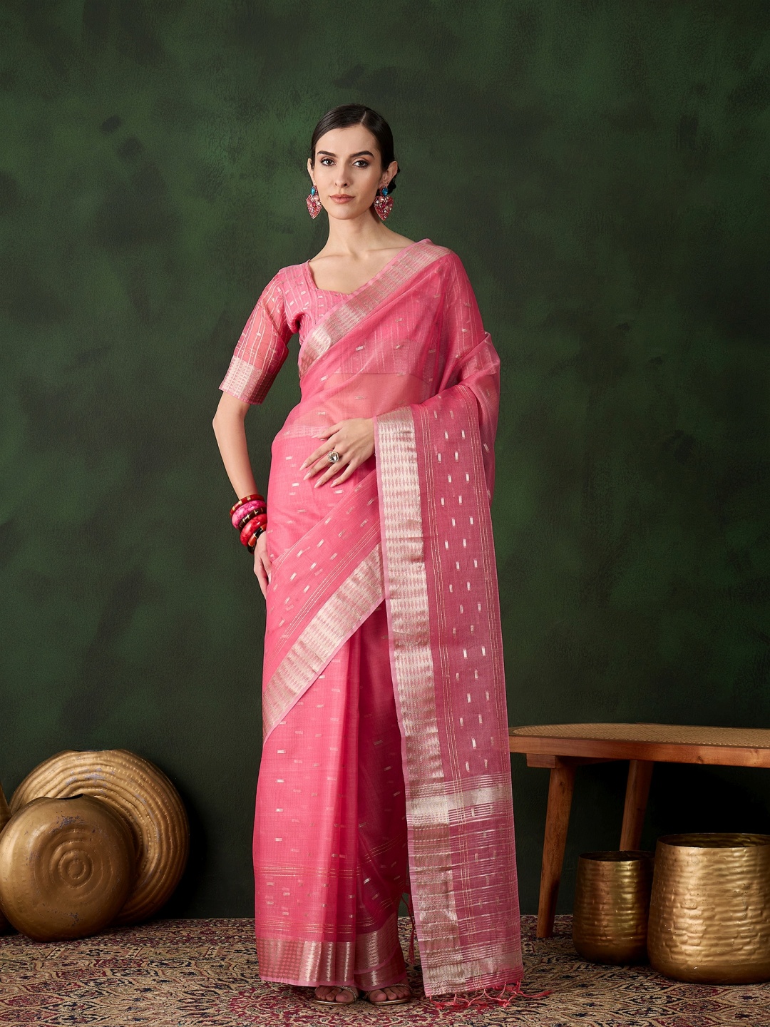 

KIMISHA Woven Design Zari Organza Kanjeevaram Saree, Pink