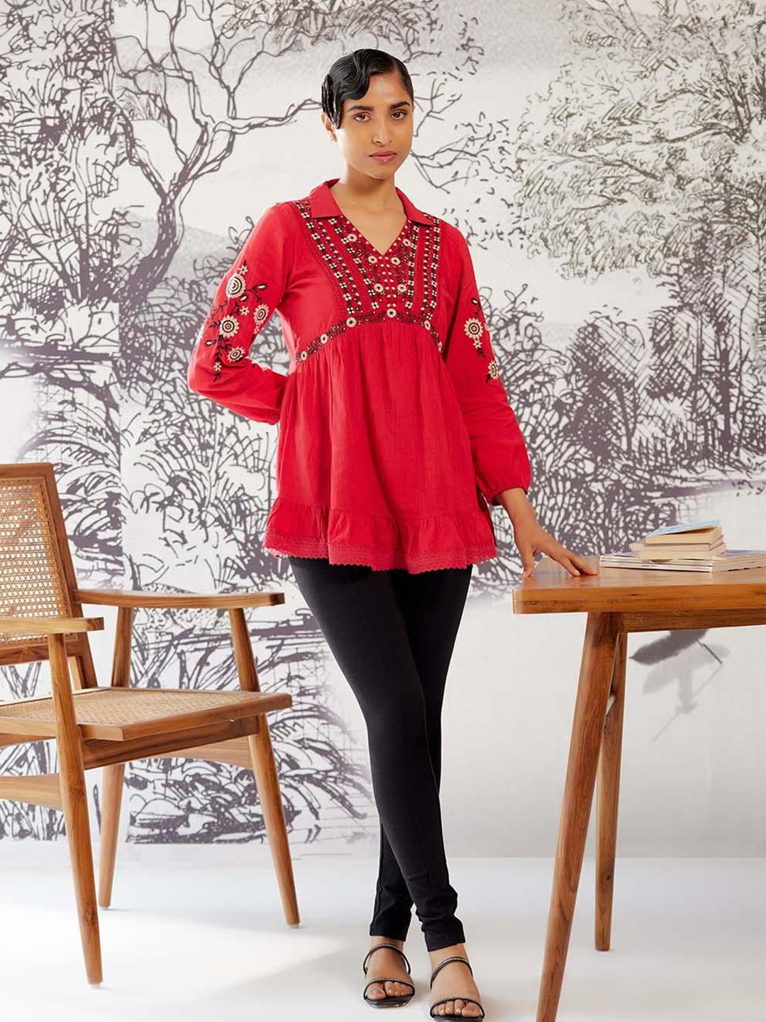 

Lakshita Women Embroidered Cotton Tunic, Red
