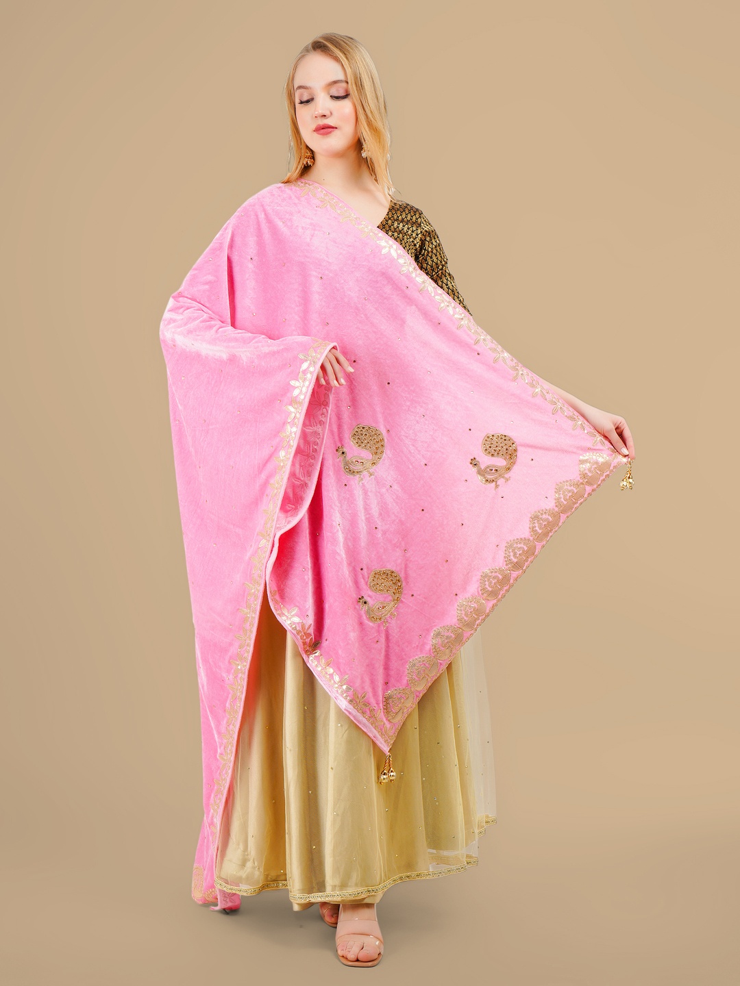 

Karthav Fashion Ethnic Motifs Embroidered Velvet Dupatta With Gotta Patti, Pink