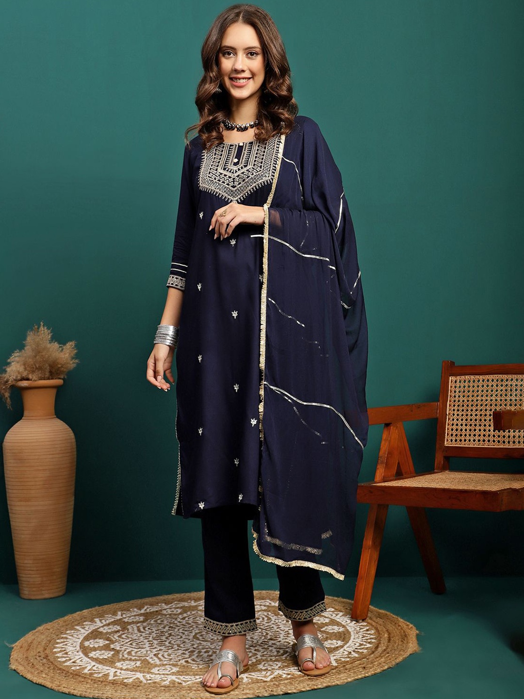 

Sangria Navy Blue Floral Embroidered Zari Straight Kurta With Trouser & Dupatta