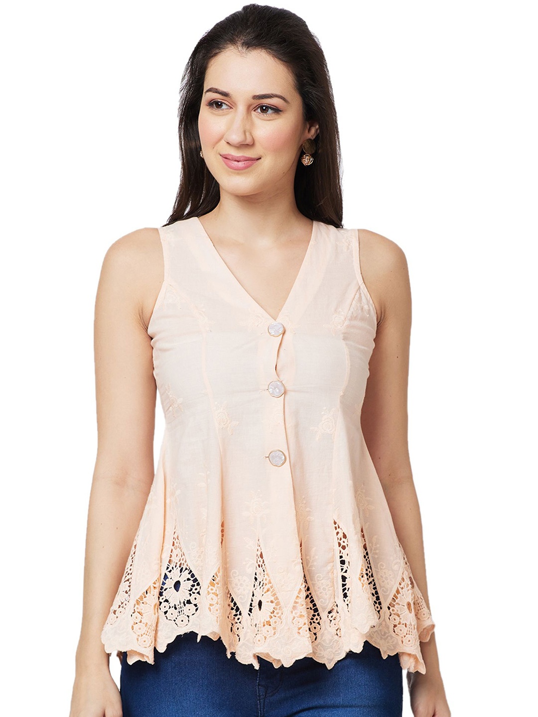 

Iti Cotton V-Neck Self Design Top, Peach