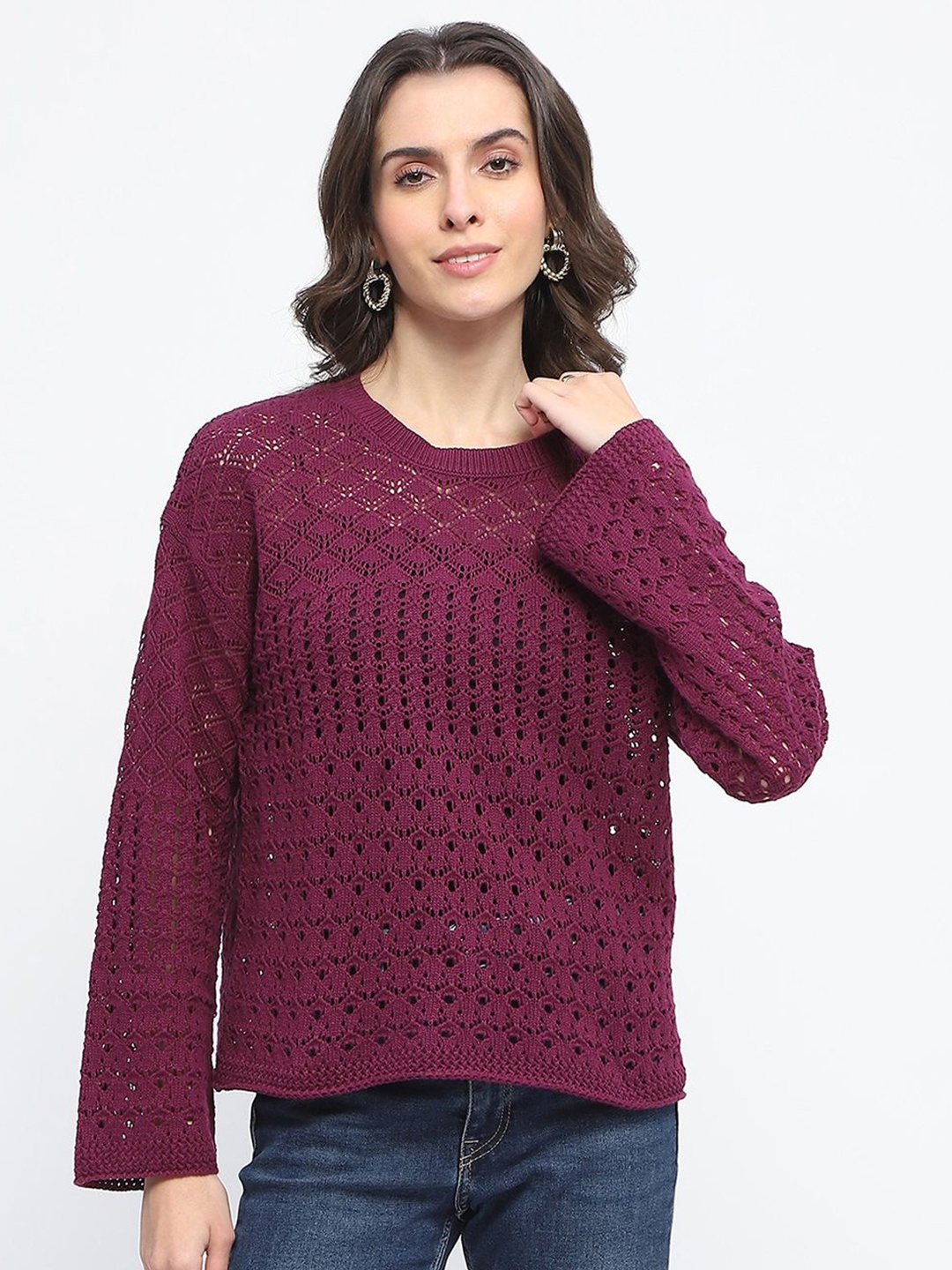 

Madame Women Open Knit Pullover Sweater, Purple